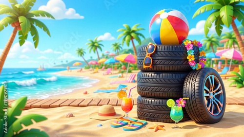 Stacked car tires with sunglasses and colorful lei on tropical beach. Cocktails, flip-flops, beach ball and hat on sandy shore near ocean waves. Summer vacation and relaxation concept with palm trees