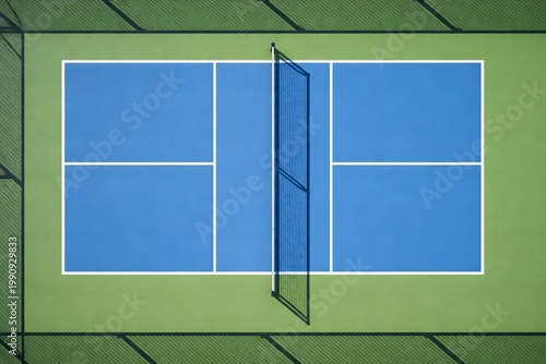 Aerial View Of Pickleball Court, Outdoor Sports Recreation And Fitness Surface With Blue And Green Athletic Ground, Leisure Game Net And White Lines For Professional Competition Or Training Activity