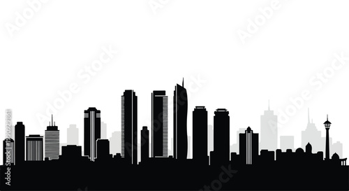 Black silhouette of a city skyline with tall buildings against a white background, showcasing a modern urban landscape.