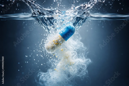 Pharmaceutical Capsule Dissolving In Water, Medication Supplement Healthcare Pharmacology Pill Chemistry Science Medicine Drug Treatment Bioavailability Absorption Concept, Macro Splash Photography