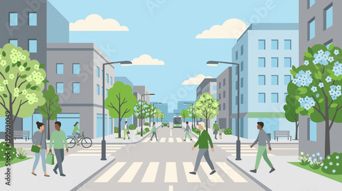 Vector illustration of a vibrant city street with diverse people walking, cycling, and using a crosswalk. A concept for urban life, community, and sustainability.