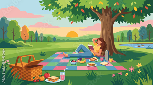 A woman relaxes at a summer picnic, reading a book under a tree. A serene landscape scene with food and a basket. Concept of leisure, self-care, and nature.