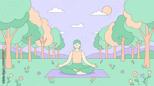 A calm woman practices yoga and meditation in a peaceful park. Vector illustration of mindfulness and healthy lifestyle for wellness and relaxation concepts.