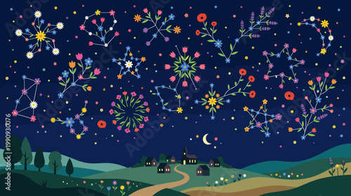 A whimsical vector illustration of a magical night sky. Colorful flower constellations bloom above a peaceful village. Perfect for fantasy or creative projects.