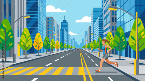 A woman running in a modern city. Vector art for healthy urban lifestyle, fitness, marathon training, and city life concepts. Colorful flat design.