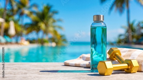 Blue water bottle and golden dumbbells on striped towel by infinity pool. Tropical resort setup for fitness and hydration during vacation. Healthy lifestyle and wellness in sunny paradise