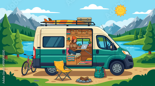 Illustration of a digital nomad working on a laptop inside a camper van parked by a mountain lake. Concept for remote work, travel, and freedom.