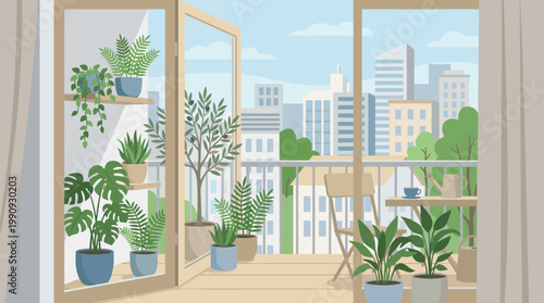 A cozy room opens to a balcony garden filled with plants, overlooking a calm city. A peaceful urban oasis concept for home decor or wellness themes.
