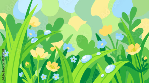 A vibrant vector illustration of a spring meadow. Fresh green grass with dew drops, yellow and blue wildflowers. Perfect for seasonal backgrounds and nature themes.