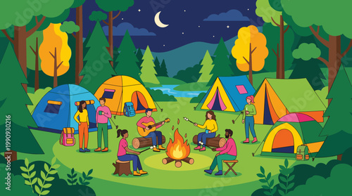 Friends camping at night in a forest. A diverse group sits by a campfire, playing guitar and roasting marshmallows. A cozy, happy outdoor adventure scene.