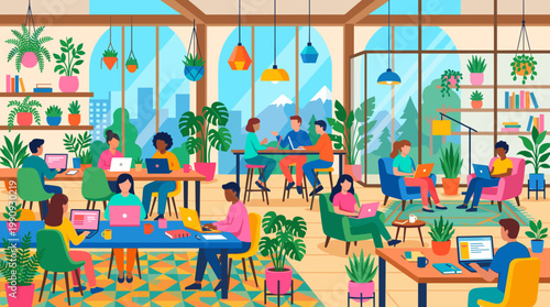 Diverse people working and collaborating in a vibrant, modern coworking office with plants. Flat vector illustration for business or startup concepts.