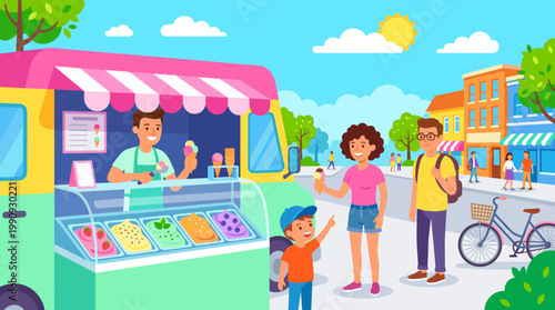 A happy family buys sweet dessert from an ice cream truck on a sunny summer day. A cheerful urban street scene illustration for family and food concepts.