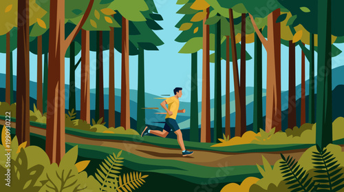 Vector illustration of a man running on a trail through a forest. Represents an active, healthy lifestyle, fitness, and outdoor exercise. Ideal for wellness content.