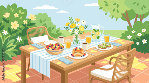 Summer breakfast on the terrace. A table set with pancakes, fruit, and coffee in a sunny garden. Vector illustration for brunch, healthy eating, or weekend concepts.