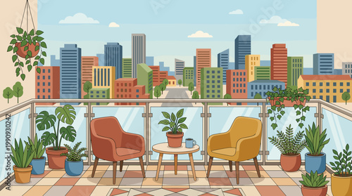 A cozy balcony with plants and chairs offers a relaxing urban oasis. Vector illustration of a modern city view, perfect for web banners and home decor concepts.