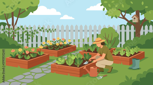 A woman tends to her vegetable garden in raised beds on a sunny day. Vector illustration for hobby, healthy lifestyle, and spring concepts.