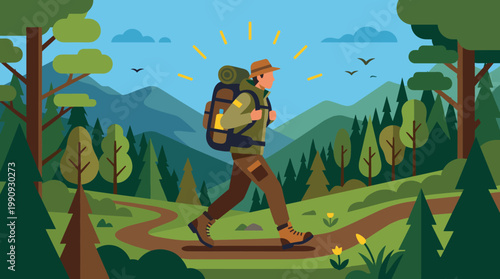 A vector illustration of a hiker with a backpack on a journey through a forest and mountain landscape. Concept for adventure, travel, and exploration.