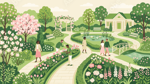 Diverse people enjoying a beautiful public park in spring. A peaceful community scene with gardens, trees, and flowers for web or print illustration.