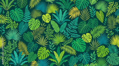 Seamless pattern with tropical leaves. Lush vector background of exotic jungle foliage like monstera and palm. Perfect for summer, wallpaper, or textiles.