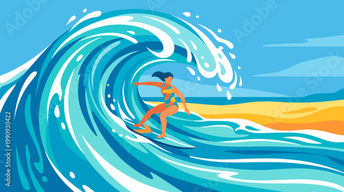 Vector illustration of a female surfer riding a huge ocean wave. A dynamic scene representing summer sports, travel, and an active, adventurous lifestyle.