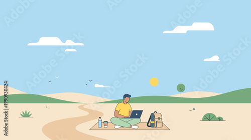 Man working remotely on a laptop in nature. Minimalist vector illustration of a digital nomad lifestyle, work-life balance, and freelancing. Calm scene.