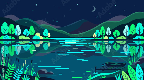 Peaceful night landscape vector illustration of a calm lake with forest reflection. Serene nature scene for background, web, or travel concepts.