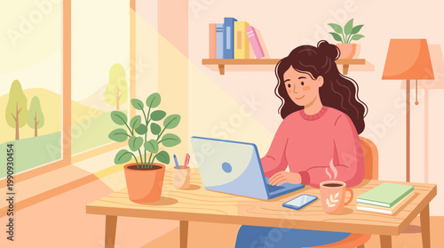 A happy woman works from home on her laptop in a cozy office. This remote work concept shows a freelancer or student studying online in a comfortable room.