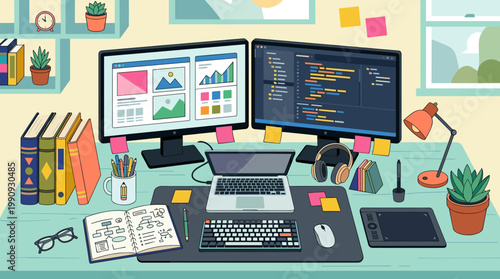 A programmer and designer desk setup illustration. Dual monitors show code and graphics, representing IT, web development, and creative workflow concepts.