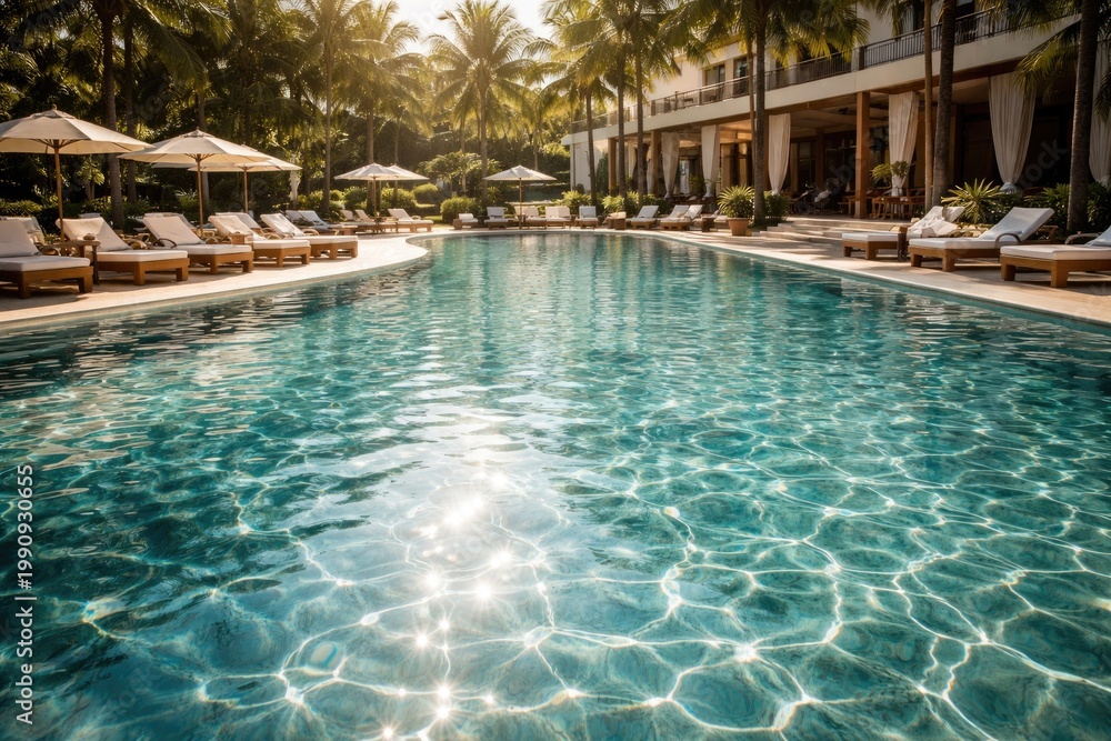 Fototapeta premium Upscale hotel pool with sparkling water and sunlit reflections perfect for design background