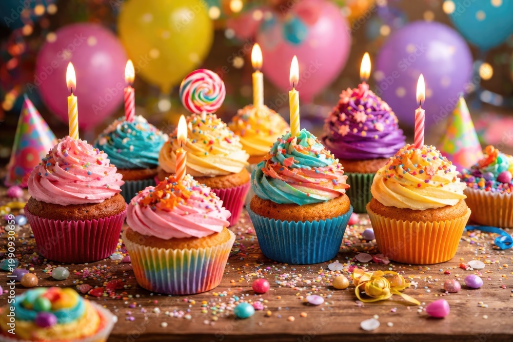 Obraz premium Colorful birthday cupcakes assortment for festive parties