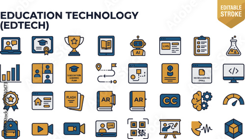 Education Technology EdTech Icon Set, Editable Stroke, Vector