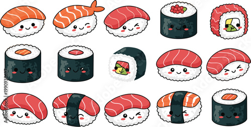 Cute Kawaii Sushi Vector Icon Set Featuring Smiling Nigiri Maki and Sashimi Characters for Japanese Food Restaurant Menus Stickers and Digital Media Designs