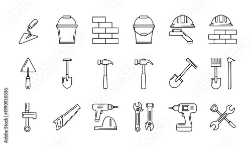 Construction tools icon set vector trowel bucket brick hammer illustration