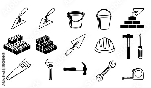 Construction icon set vector tools bricks bucket trowel illustration