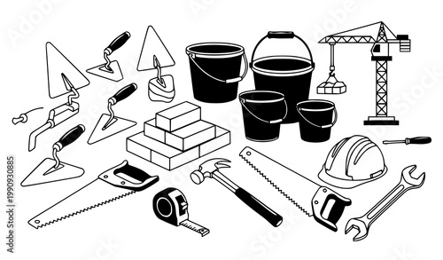 Construction tools vector set black white bricks trowel bucket icons
