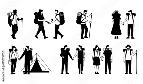 Couple travel backpack vector illustration set hiking adventure lifestyle