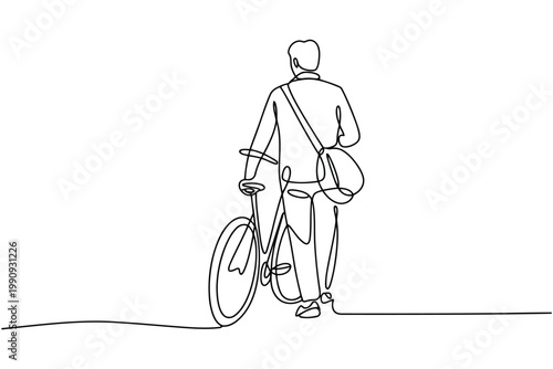 One continuous line drawing of man with bicycle, urban commuter lifestyle.