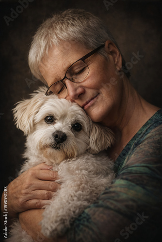 Innige Verbindung: Ältere Frau hält ihren Malteser-Mischling im Arm
