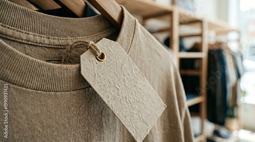 Close-up mockup of a blank textured paper hang tag on a beige cotton t-shirt in a boutique