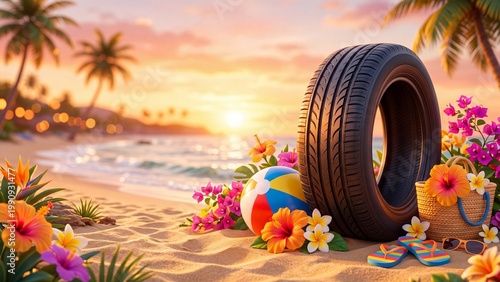 Car tire on sandy tropical beach surrounded by colorful flowers, beach ball, flip flops and sunglasses at sunset. Summer vacation and road trip adventure concept. Exotic paradise getaway illustration
