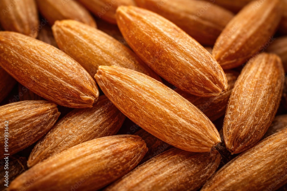 Fototapeta premium Close up microscopic image of wholegrain rice kernels highlighting detailed elongated shape and textured surface with warm orange tones