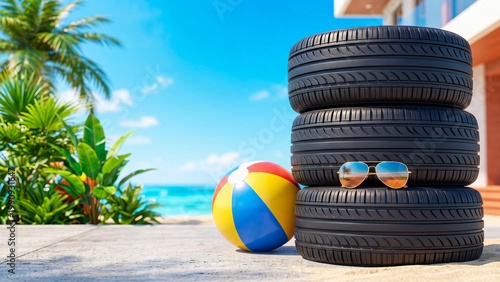 Stack of black car tires placed on sandy tropical beach with colorful beach ball and sunglasses. Summer vacation meets automotive adventure concept. Eco-friendly travel and leisure imagery
