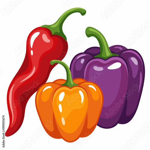 Brightly colored bell peppers including red, orange, and purple varieties are showcased against a clean white backdrop, emphasizing freshness and culinary possibilities.