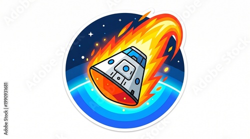 clipart illustration of a space capsule re-entering Earth’s atmosphere with glowing heat trail,