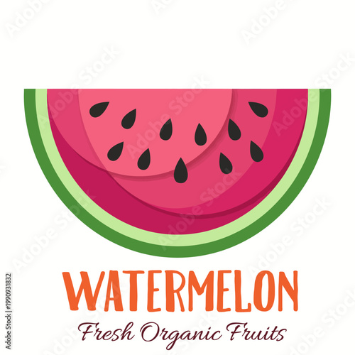 Stylish and colorful illustration of a watermelon slice, showcasing its juicy pink flesh and black seeds, ideal for marketing fresh organic fruits and healthy eating.