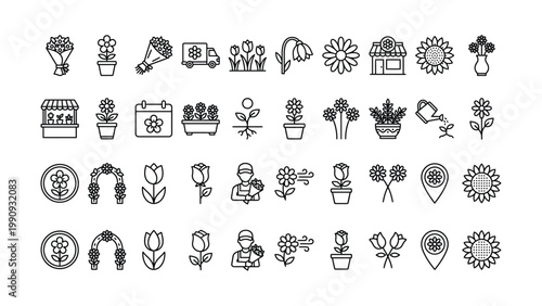 Set of 30 outline icons related to flower. Linear icon collection. Editable stroke. Vector illustration
