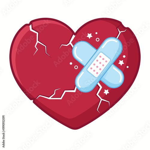An eye-catching illustration of a cracked heart with a band-aid, symbolizing recovery and emotional healing in personal relationships and mental well-being.