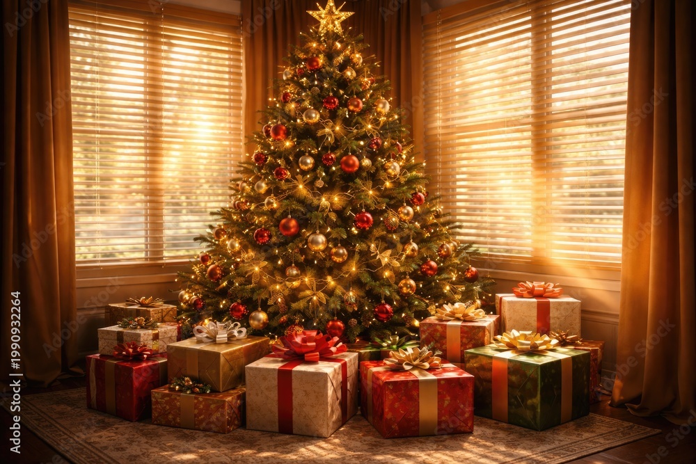 Fototapeta premium Festive Christmas tree with wrapped presents and warm sunlight through blinds