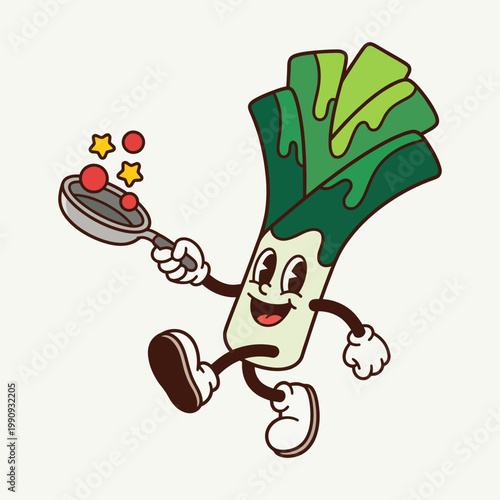 A quirky leek character joyfully cooking while holding a frying pan filled with delicious red balls, showcasing a fun and playful approach to healthy eating.
