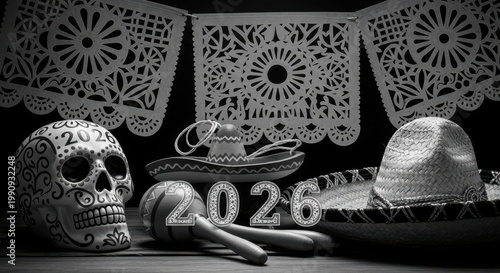 Day of the dead still life with skulls Cino de Mayo